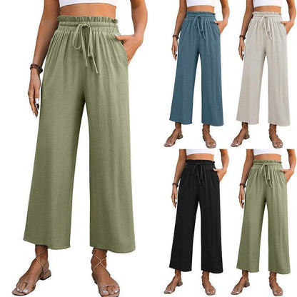 Cheky - Drawstring High Waist Straight Pants Summer Casual Solid Color Loose Wide Leg Trousers For Womens Clothing