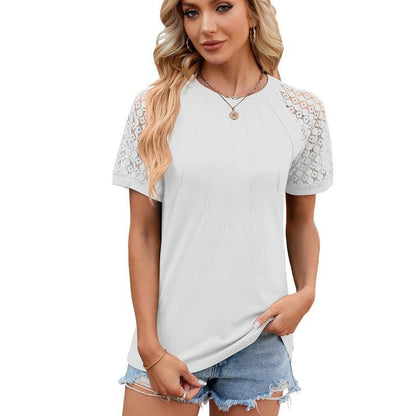 Cheky - Solid Color Round Neck Top Women's Lace Hollow Design Short Sleeve T-Shirt Summer Womens Clothing