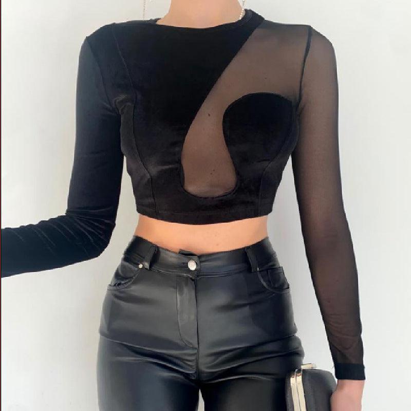 Cheky - Women Spring And Summer Mesh Velvet Stitching Long Sleeved Crop Top T-Shirt