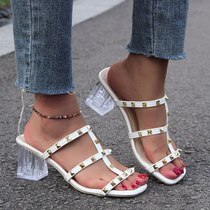 Cheky - New Square Toe Transparent Sandals With Rivet Design Summer Fashion Crystal High-heeled Rivet Shoes For Women