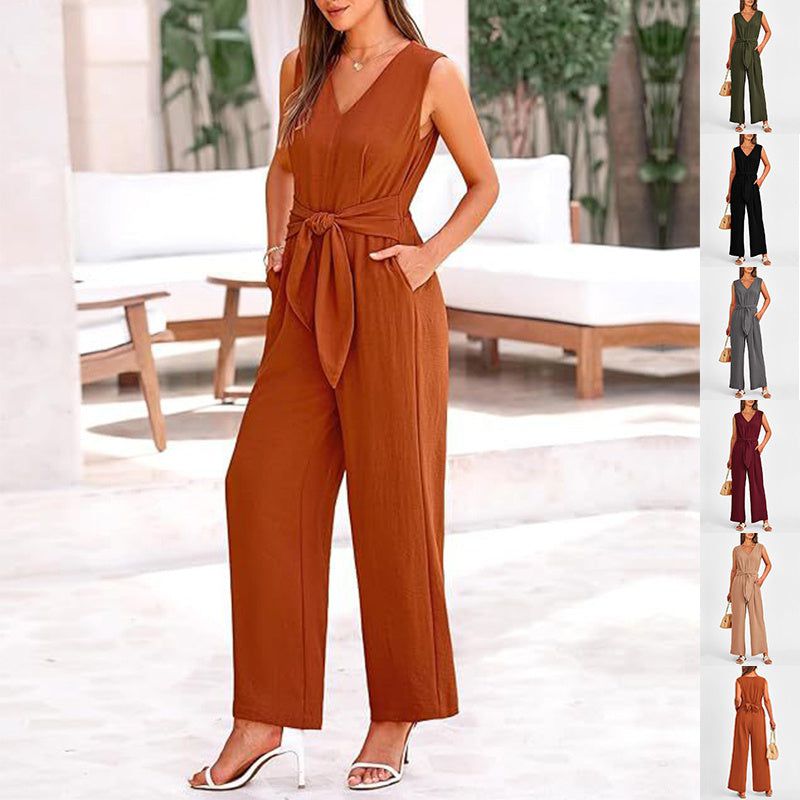 Cheky - New V-neck Sleeveless Long Jumpsuit With Pockets And Lace-up Design Wide-leg Straight Trousers Summer Womens Clothing