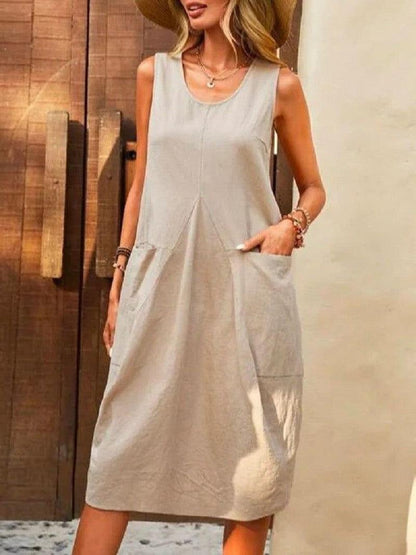 Cheky - Sleeveless U-neck Dress With Pockets Design Casual Solid Color Loose Dresses Summer Fashion Womens Clothing