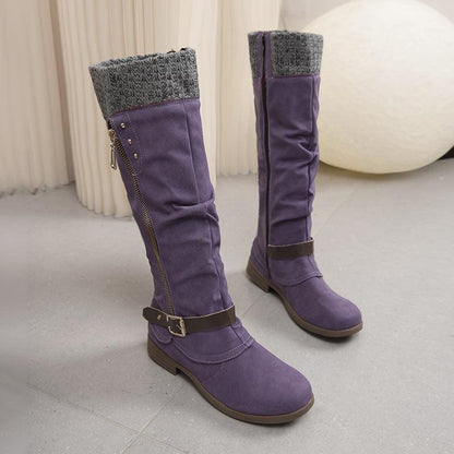 Cheky - Plus Size Long Tube Women's Boots Chunky Heel Side Zip Wool Stitching