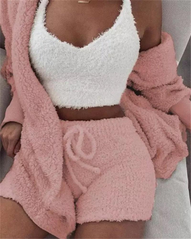 Cheky - Winter Sexy Women Home Wear Suit Casual Pajamas Set Lady Female Soft Warm Long Sleeve Exposed Navel Vest Shorts Set