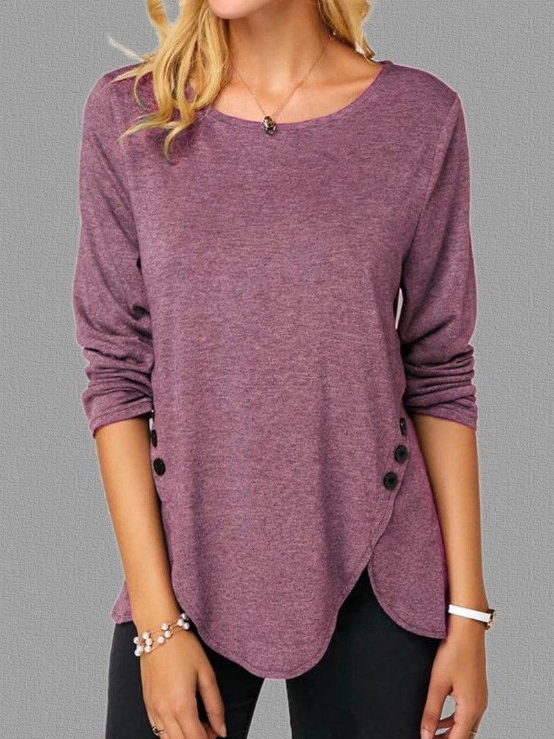 Cheky - Spring And Summer Hot Style Irregular Button Hem Long Sleeve Round Neck T-shirt