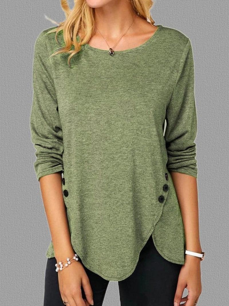 Cheky - Spring And Summer Hot Style Irregular Button Hem Long Sleeve Round Neck T-shirt