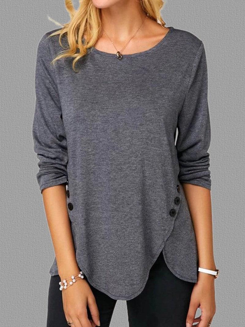 Cheky - Spring And Summer Hot Style Irregular Button Hem Long Sleeve Round Neck T-shirt