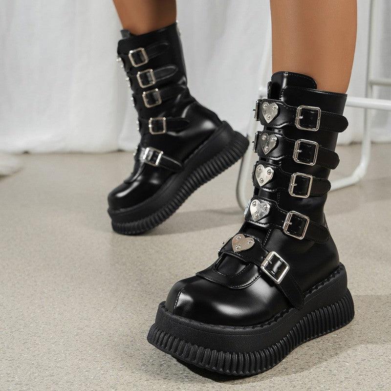 Cheky - Heart Platform Shoes Dark Punk Mid-calf Martin Boots Female