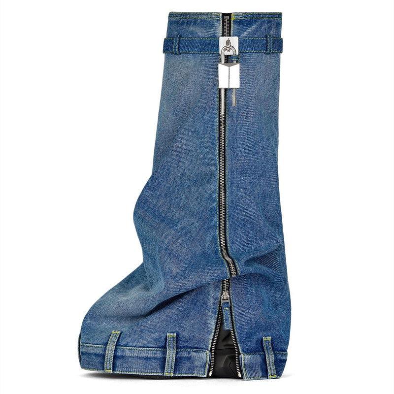 Cheky - Thick-soled Denim Skirt With Shark Women's Round Toe Boots