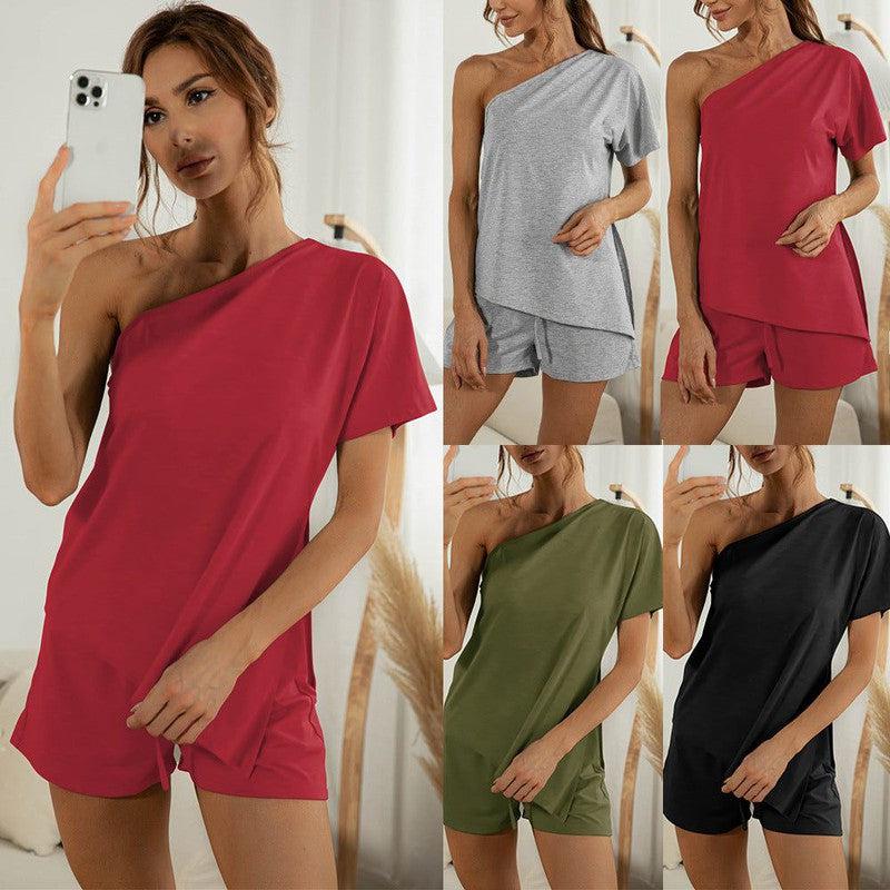 Cheky - Off-the-shoulder Short Sleeve Sloping-shoulder Off The-shoulder Casual Two-piece Suit