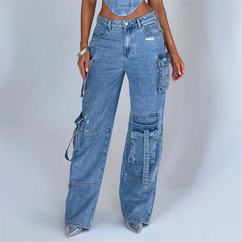 Cheky - Women's American-style Low Waist Three-dimensional Pocket Stitching Jeans