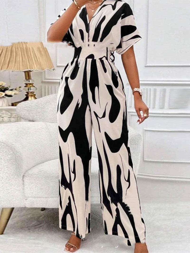 Cheky - V-neck Loose Printed Long Jumpsuit