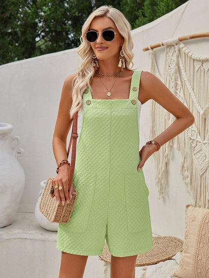 Cheky - Sweet Waffle Jumpsuit Girls Summer Sleeveless Button Design Straight Solid Color Overalls Fashion Womens Clothing