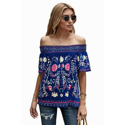 Cheky - Women's Printed T-shirt Loose Off Shoulder Top