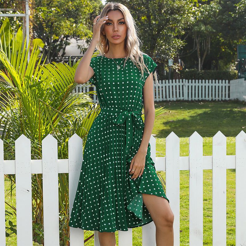 Cheky - Summer Women Polka Dot Short Sleeve Dress Casual Bandage Party Pleated Midi Dresses Elegant Green Office Lady Clothing