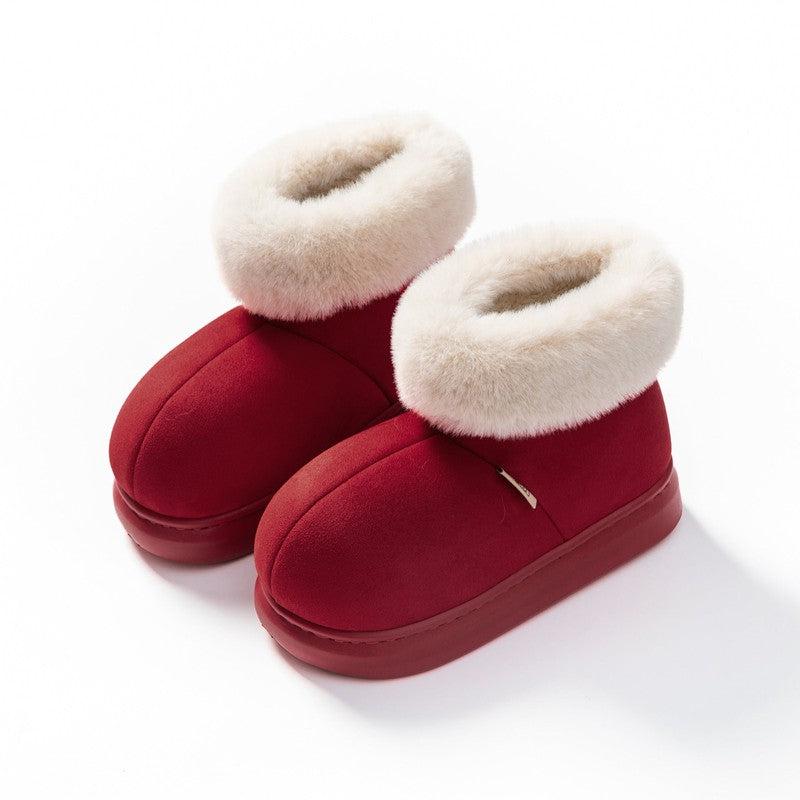 Cheky - Winter Thick-soled Cotton Shoes House Indoor Outwaer Plus Velvet Warm Snow Boots With Big Fur Cut Plush Ankle Boots For Women