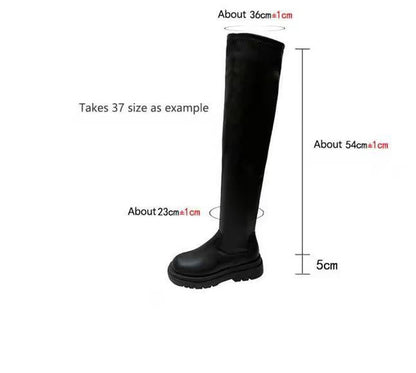 Cheky - Thick Sole Knee High Boots For Women Chunky Heel Black Long Boots Leather Knight Boots Fashion Winter Shoes