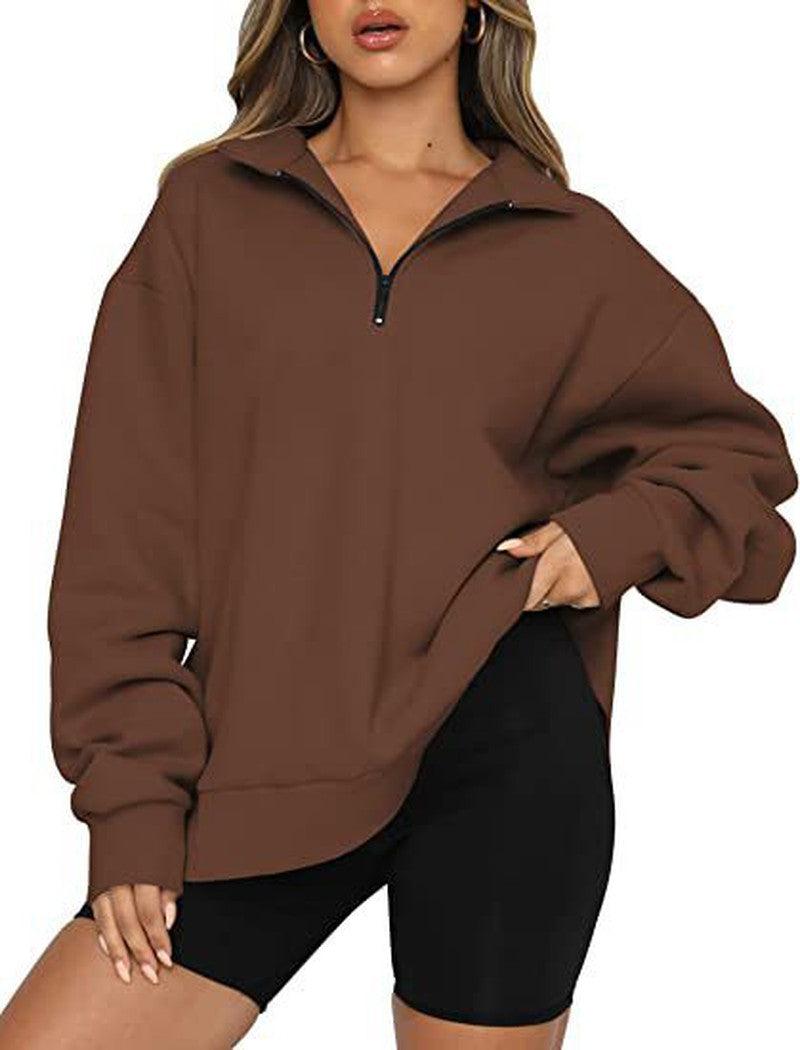 Cheky - Women Sweatshirts Zip Turndown Collar Loose Casual Tops Clothes