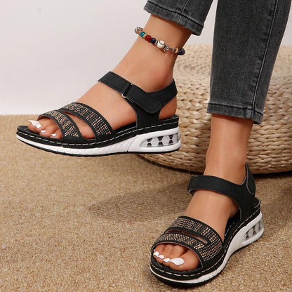 Cheky - Summer Rhinestone Wedges Sandals Casual Sports Air Cushion Bottom Beach Shoes For Women Roman Sandals