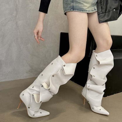 Cheky - Rivet Buckle Stitching Two-way Stiletto Heel Denim Pleated Pile Style Boots