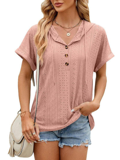 Cheky - New Solid Color Hooded Button T-shirt Loose Hollow Design Short-sleeved Top For Womens Clothing