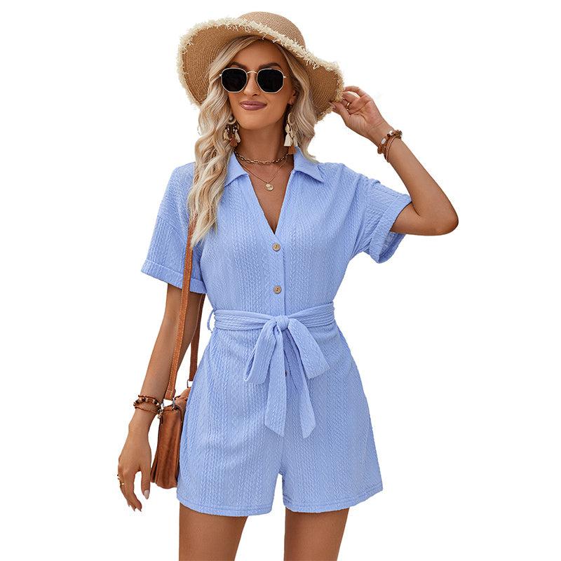 Cheky - Women's Short-sleeved Shorts Jumpsuit Lace-up Turn-down Collar Solid Color Clothing Summer