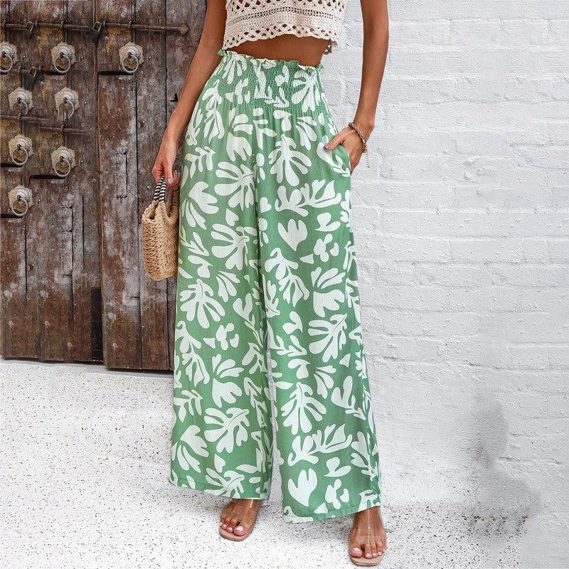 Cheky - Elegant Printed Trousers Summer Loose Elastic High Waist Straight Pants For Beach Vacation Womens Clothing