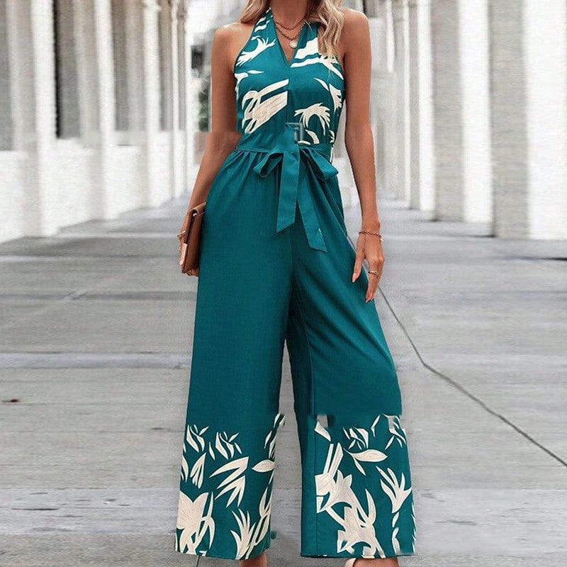 Cheky - Printing Series Belt Halter Backless Jumpsuit For Women