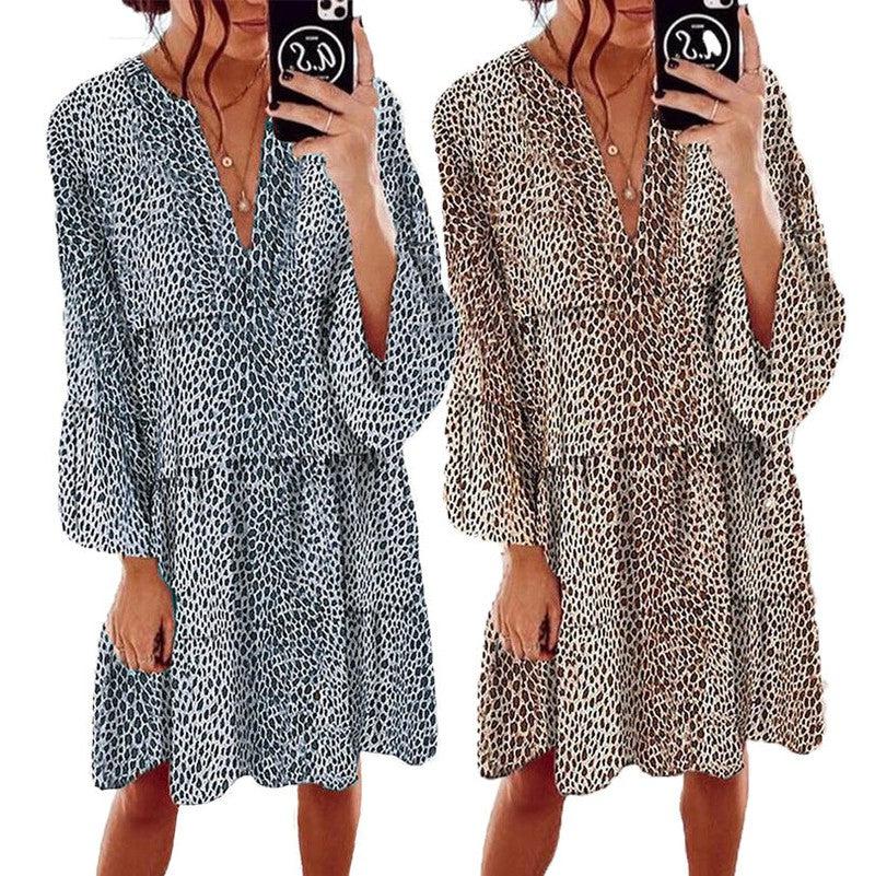 Cheky - Women's Clothing Leopard Print V-neck Plus Size Loose Long Sleeve Dress