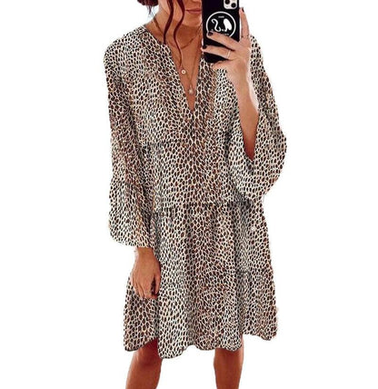 Cheky - Women's Clothing Leopard Print V-neck Plus Size Loose Long Sleeve Dress