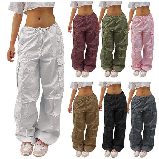 Cheky - Casual Cargo Pants For Women Solid Color Drawstring Pocket Design Fashion Street Trousers Girls