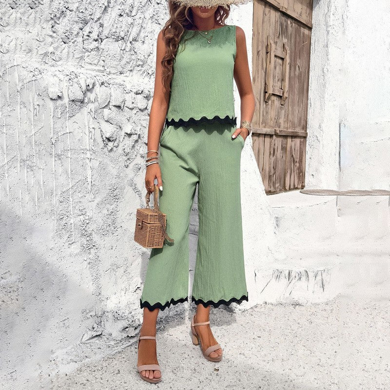 Cheky - Summer Wave Print Suit Sleeveless Top And Straight Trousers Fashion Casual Solid Color 2pcs Set For Womens Clothing