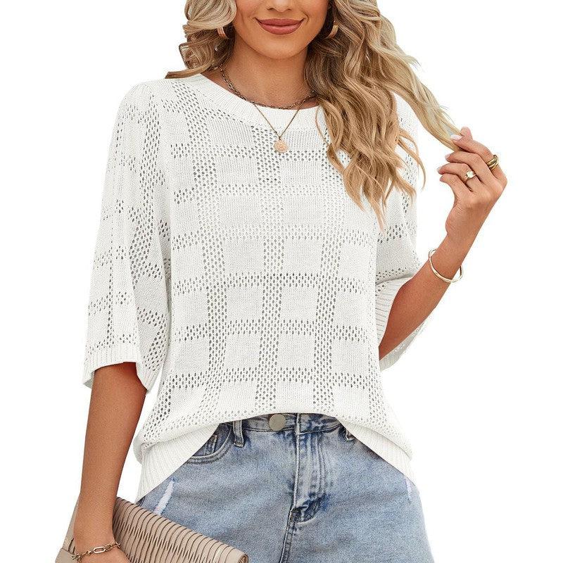 Cheky - Women's Round Neck Hollowed Out Sun Protection Shirt Knitted Sweater Cover Up