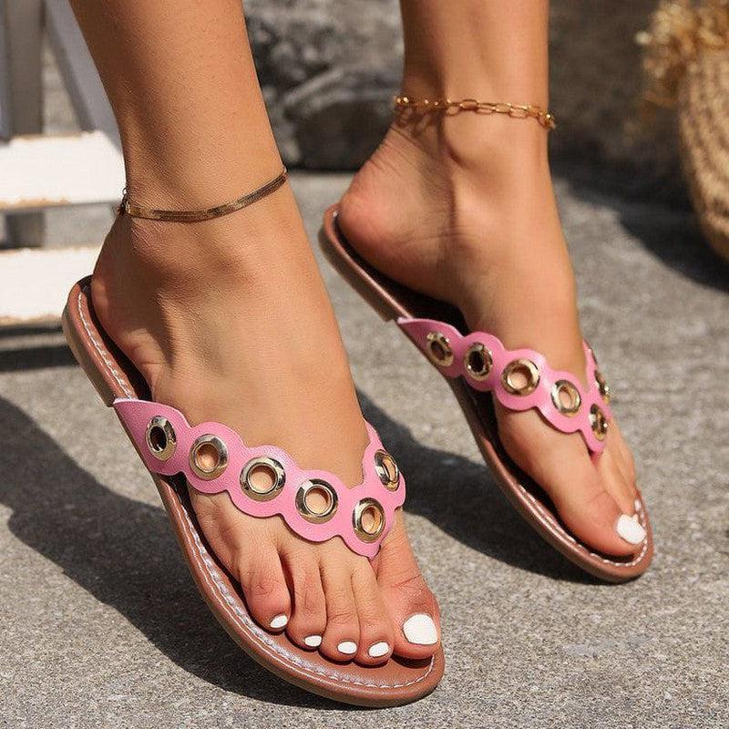 Cheky - New Metal Hollow Circle Design Thong Sandals Summer Flat Flip Flops Slides Casual Vacation Beach Slippers