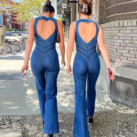 Cheky - Summer Slim Heart-shape Backless Denim Jumpsuit Women Halter Neck Zip Up High Waist Panst Retro Style Clothing