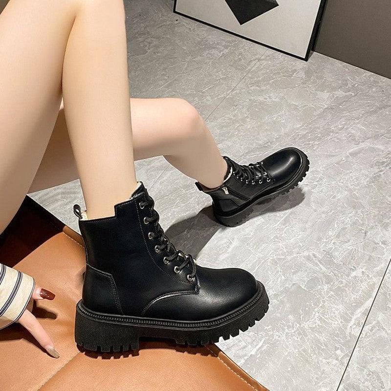 Cheky - Square Heel Round Head Solid Color British Style Retro Casual Platform Women's Boots