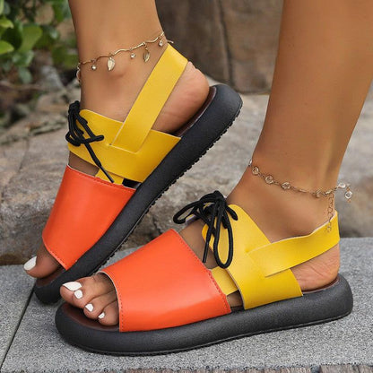 Cheky - Color-block Lace-up Roman Sandals For Women Summer New Fashion Flat Fish Mouth Beach Shoes