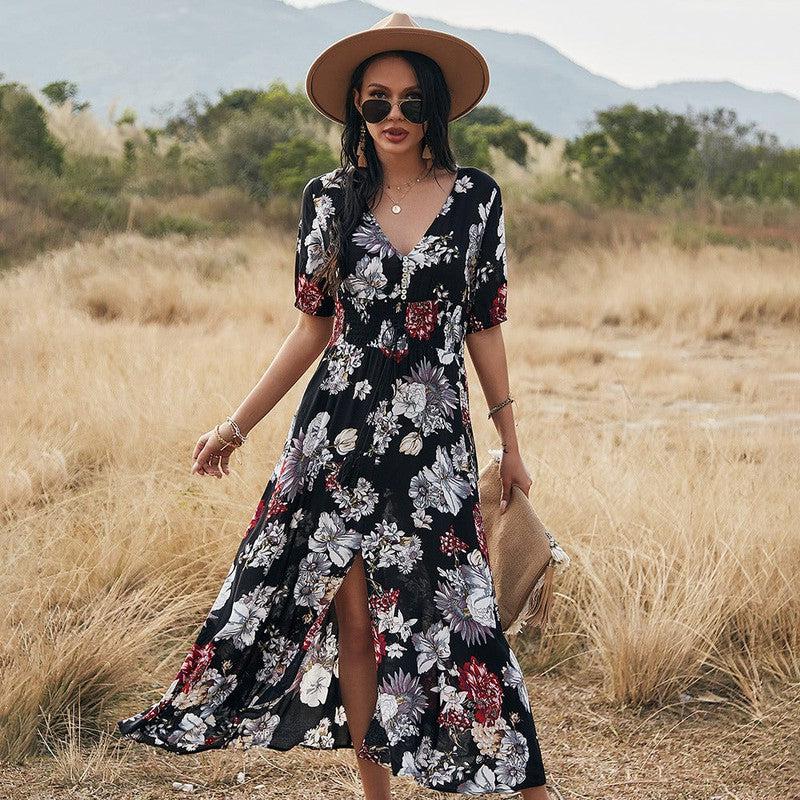 Cheky - Floral Summer Beach Dress With V Neck Elastic Waist Dresses For Women