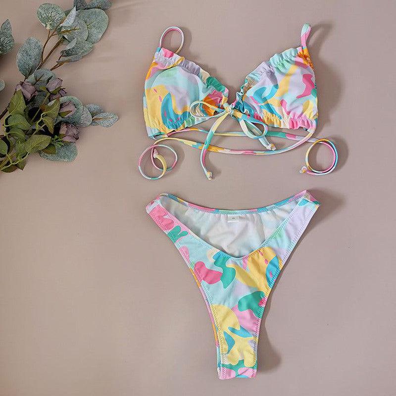 Cheky - New Color Printing Beach Bikini Pleated Split Swimsuit Sexy Swimwear