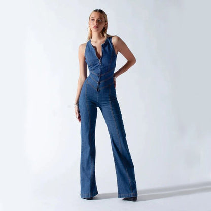 Cheky - Summer Slim Heart-shape Backless Denim Jumpsuit Women Halter Neck Zip Up High Waist Panst Retro Style Clothing