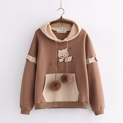 Cheky - Hooded Bear Embroidery Plus Velvet Sweater Loose And Thin Coat Women