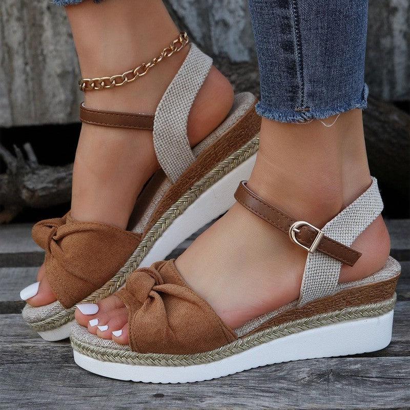 Cheky - New Thick-soled Bow Sandals Summer Fashion Casual Linen Buckle Wedges Shoes For Women