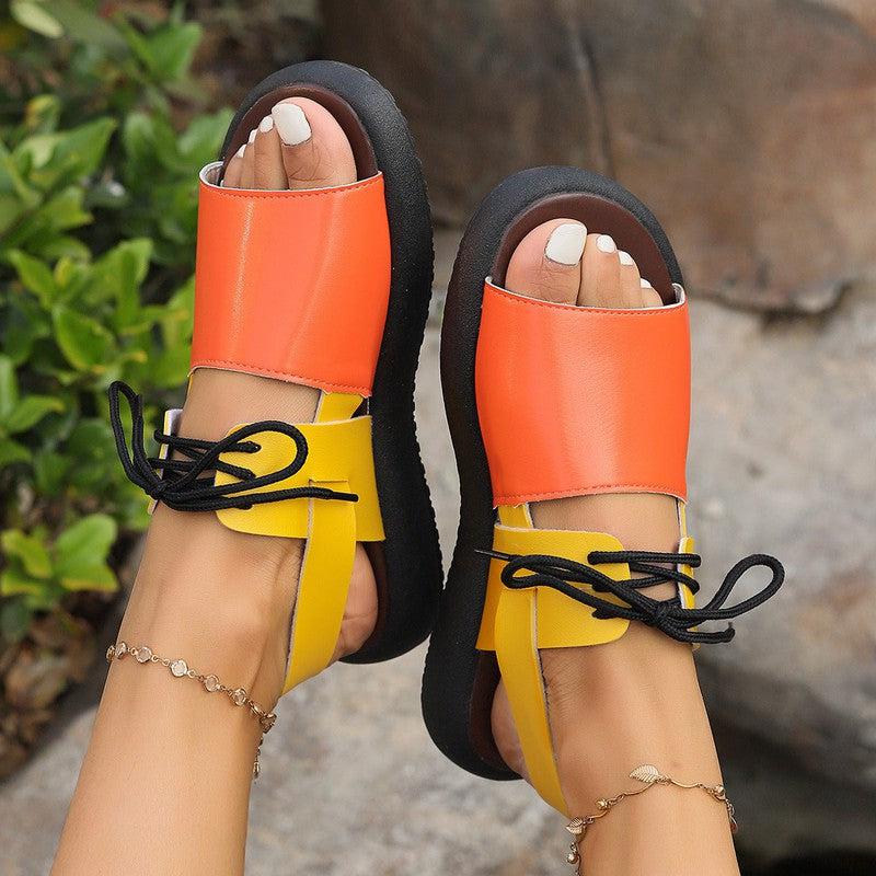 Cheky - Color-block Lace-up Roman Sandals For Women Summer New Fashion Flat Fish Mouth Beach Shoes