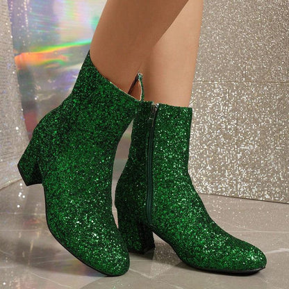 Cheky - New Fashion Sequin Boots For Women Square Heel Side Zipper Shoes Lady Street Party Evening Boots Winter Autumn Spring