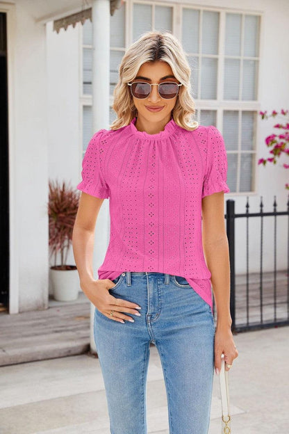 Cheky - New Fashion Lacework Round Neck Top Summer Puff Sleeves Hollow Design Loose Pleated T-shirt For Womens Clothing