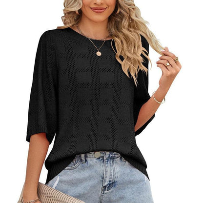 Cheky - Women's Round Neck Hollowed Out Sun Protection Shirt Knitted Sweater Cover Up