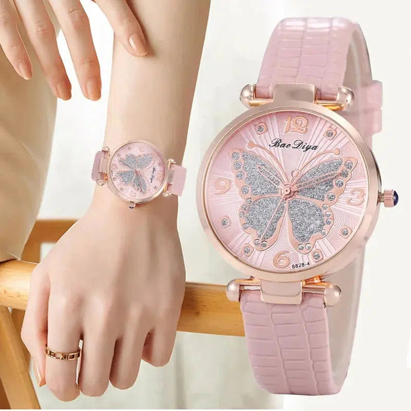 Cheky - Butterfly Diamond Dial Design Women Quartz Watches Fashion Casual Ladies Wristwatches Simple Woman Leather Clock Montre Femme