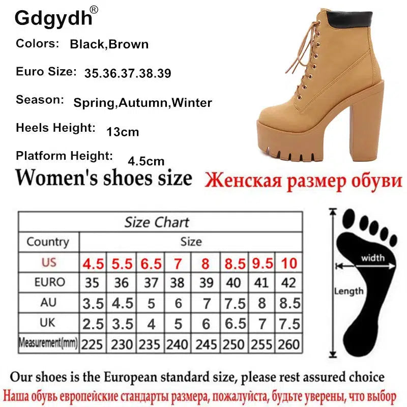 Cheky - Gdgydh Fashion Spring Autumn Platform Ankle Boots Women Lace Up Thick Heel Platform Boots Women's Chunky Heeled Short Boots