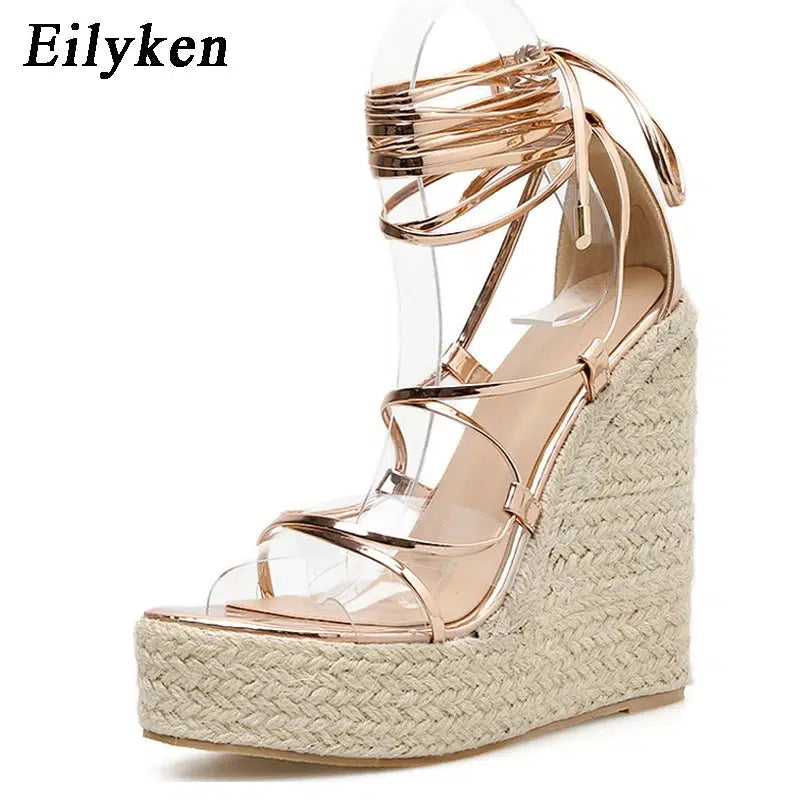 Cheky - Eilyken 2024 New Champagne Gold Wedges Sandals Women Lace-Up Peep Toe Summer High Heels Elegant Ankle Strap Shoes Large Size 42