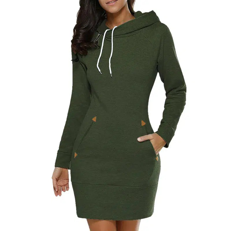 Cheky - Women‘s Knee-Length Pockets Dress Hooded Warm Sweat Shirt Long Sleeve Side Zip Neckline Simple Casual Sports Skirt